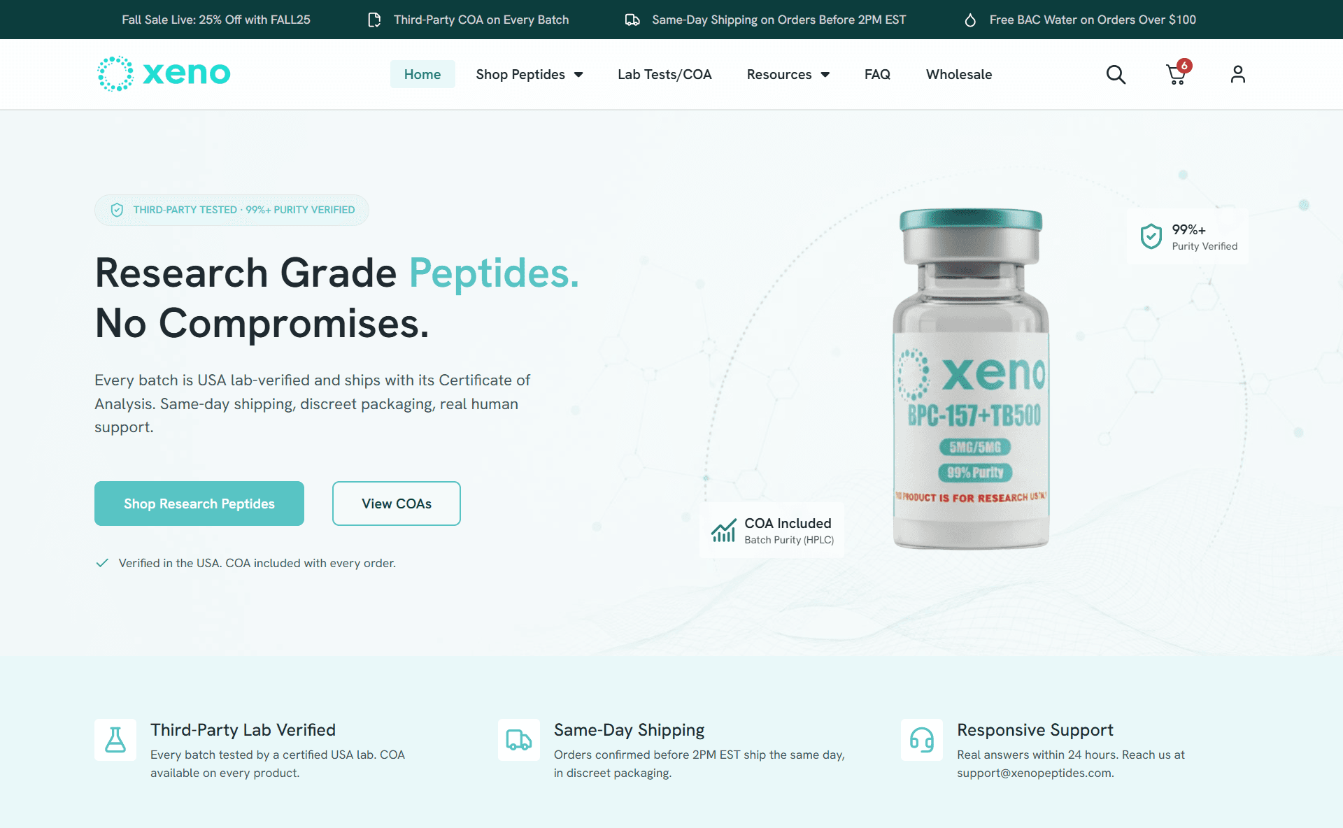 Xeno Peptides WooCommerce storefront after redesign, showing the research-peptide product catalogue and the slide-out side cart drawer